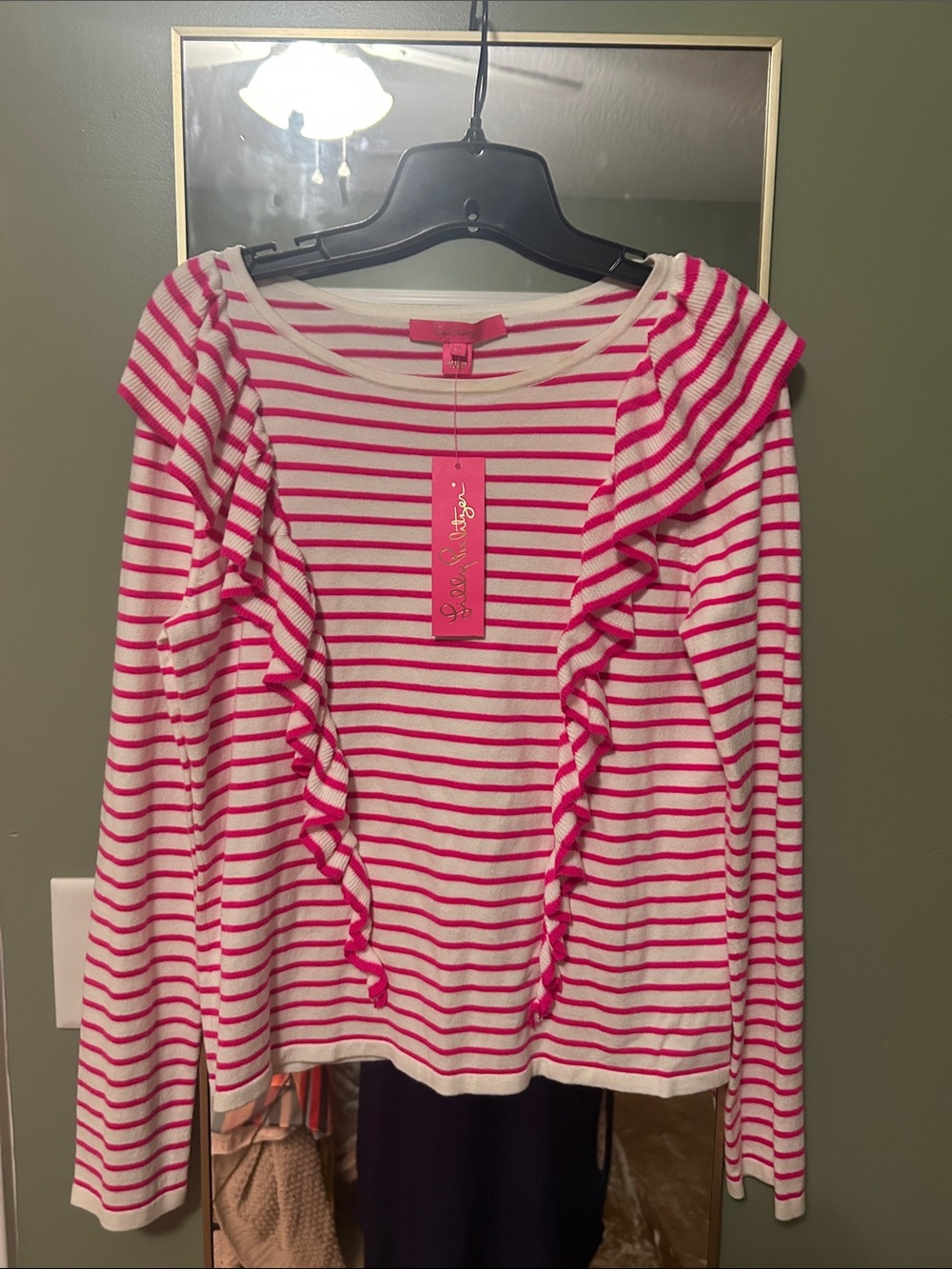 Lilly Pulitzer Pink & White Striped Ruffle Long-Sleeve Top